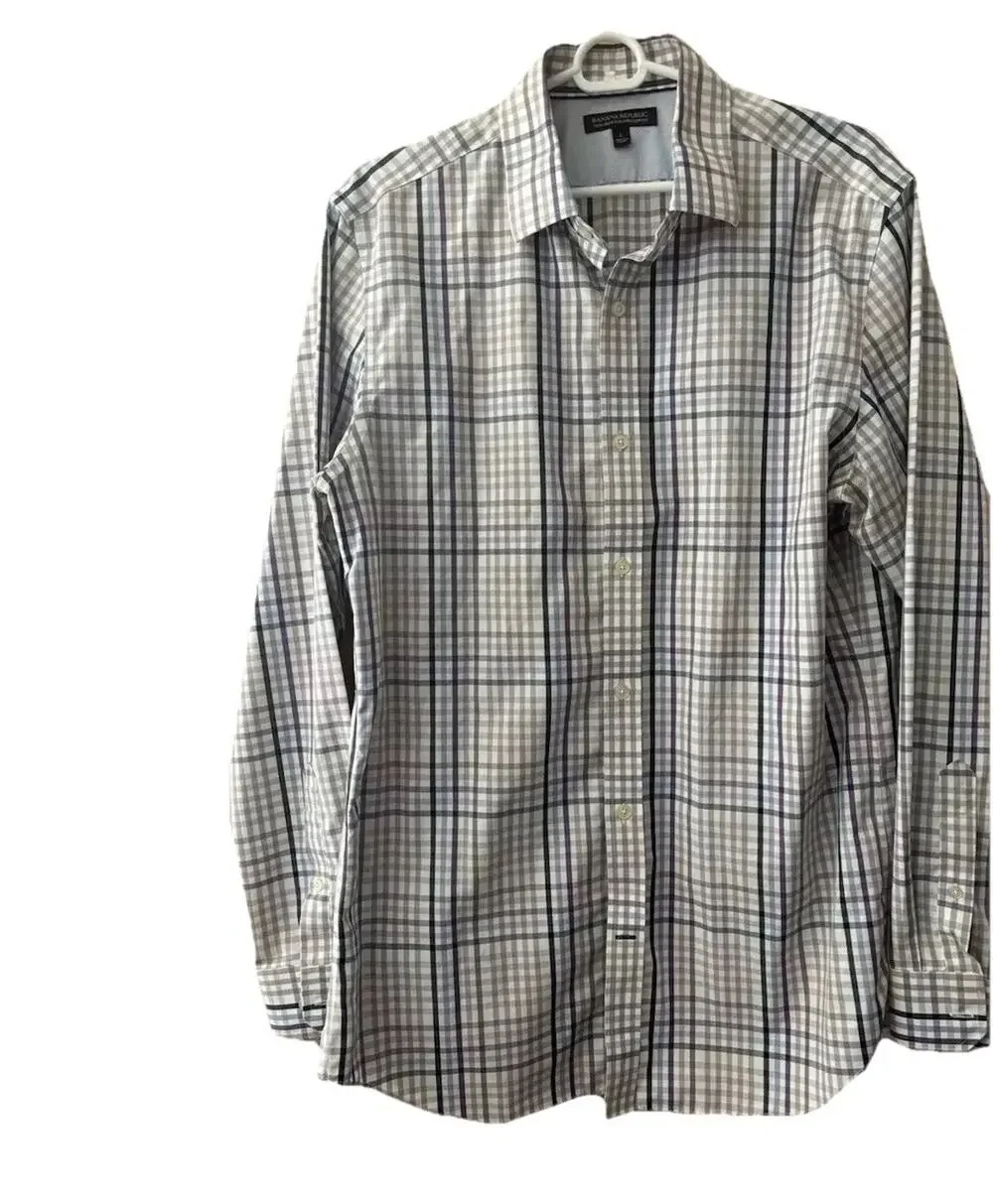 Banana Republic Men’s Large Button Down Shirt White Purple Blue Plaid Preppy